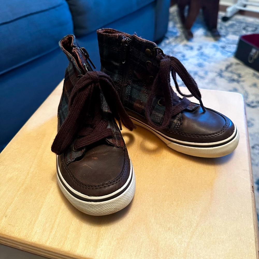 Brown and Plaid High Top Preppy Little Boys Shoes